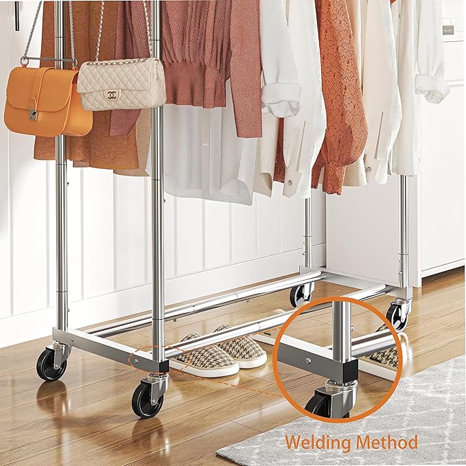 Simple Trending Double Rod Clothing Garment Rack, Rolling Clothes Organizer on Wheels for Hanging Clothes,with 4 hooks, Chrome
