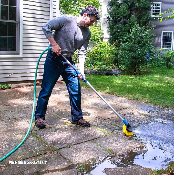 Unger Professional HydroPower Lock-On 10” Bi-Level Scrub Brush, Cleaning Supplies, Scrubber Tool, Compatible with Waterflow Poles, Use in Garage, Driveway, Deck, Concrete, Cement, and Brick