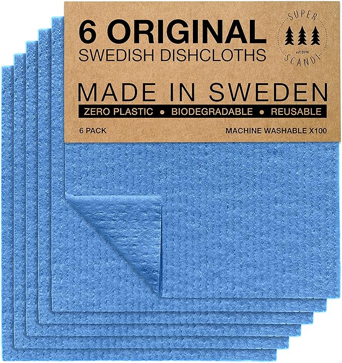 SUPERSCANDI 6 Pack Swedish Dishcloths for Kitchen - 100% Biodegradable & Compostable Reusable Paper Towels Washable, Food-Safe & Without Plastic - Dish Rags Suitable for Any Surface, Blue