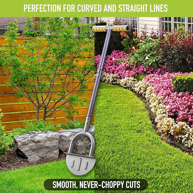 Half-Moon Edger Lawn Tool – Steel Garden Edger for Landscaping & Borders with Rope & Pegs for Precision – Saw-Tooth Manual Edger Lawn Tool with Ergonomic Rubber-Grip Handles, 39 in.