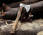 Wazir Crafts Viking Axe |Carbon Steel Engraved Blade with 18″ Wooden Handle & Leather Sheath | Collectible Norse Design Hatchet for Camping & Gifting (WCA-014)