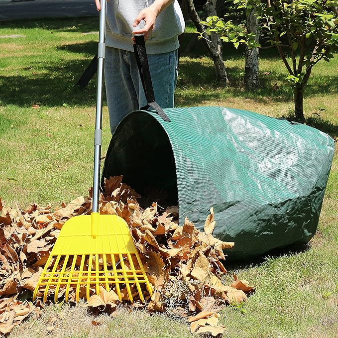 Gardzen 12 Tines Gardening Leaf Rake, Lightweight Steel Handle, Detachable, Ideal Camp Rake, Comes with Dustpan-Type Garden Bag - Yellow