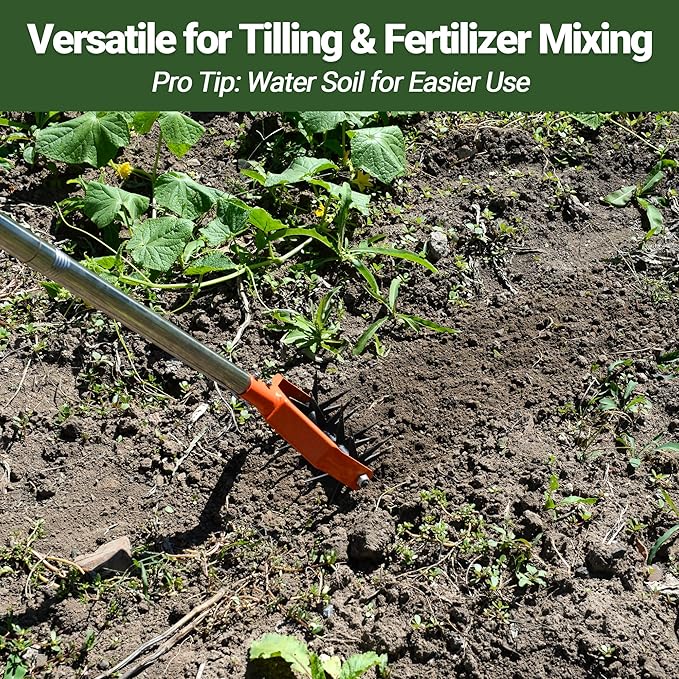 67-Inch Garden Cultivator with Tempered Spring Steel Tines, Adjustable Stainless Steel Handle, Manual Rotary Design for Soil Loosening