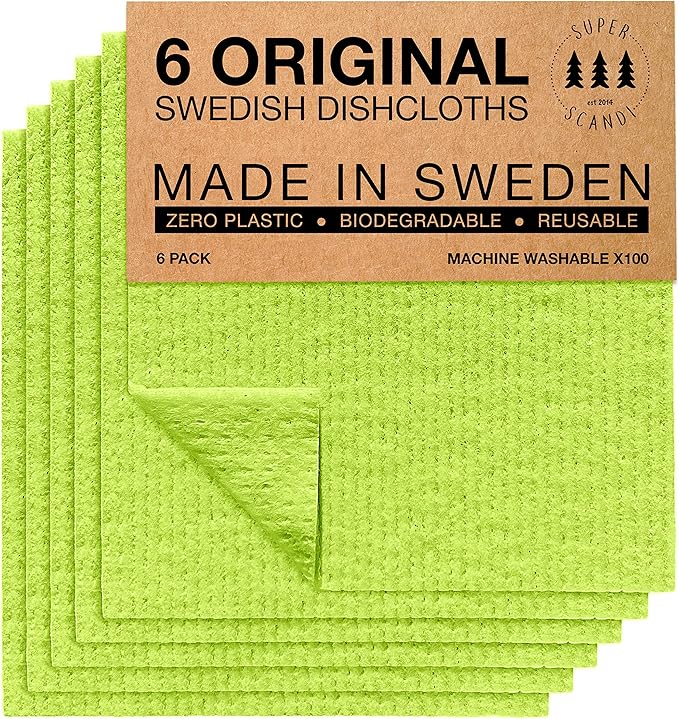 SUPERSCANDI 6 Pack Swedish Dishcloths for Kitchen - 100% Biodegradable & Compostable Reusable Paper Towels Washable, Food-Safe & Without Plastic - Dish Rags Suitable for Any Surface, Apple Green