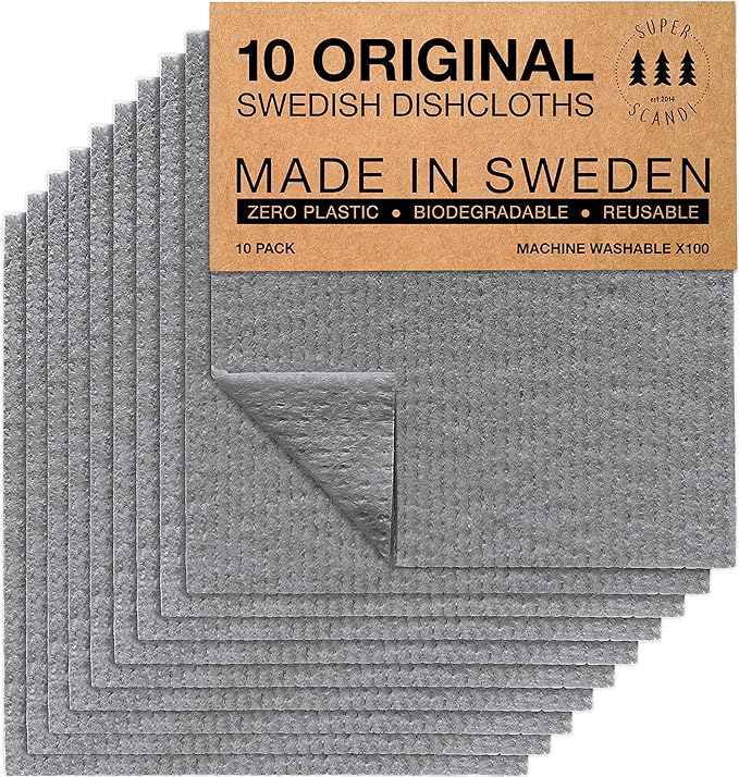 SUPERSCANDI 10 Pack Swedish Dishcloths for Kitchen - 100% Biodegradable & Compostable Reusable Paper Towels Washable, Food-Safe & Without Plastic - Dish Rags Suitable for Any Surface, Grey