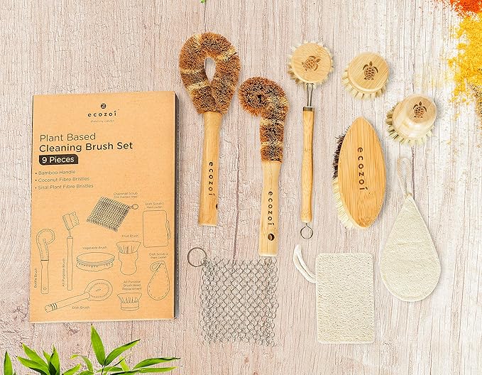 Bamboo Dish Brush Set, 9 Piece for Vegetable, and Kitchen Dish Cleaning, Sisal & Coconut Fibers with Bamboo Handles, Kitchen Brushes for Dishes, Pots, Pans