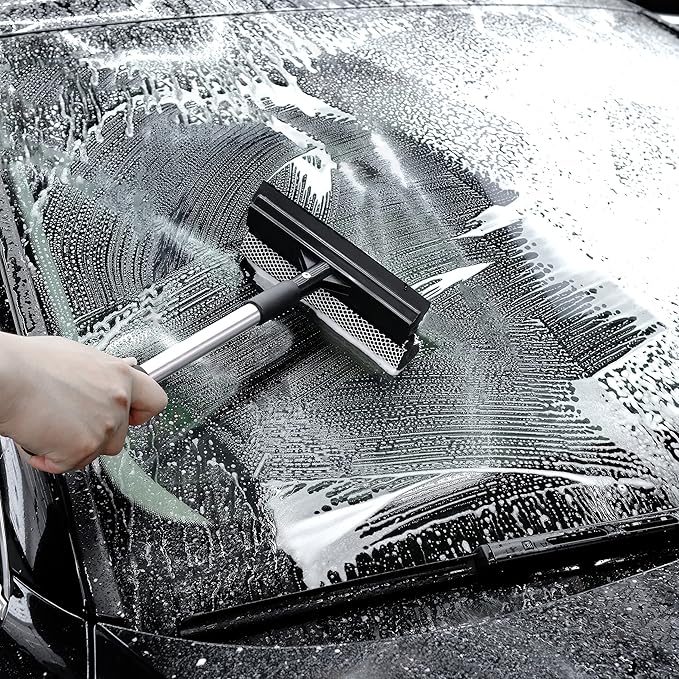 Polyte Window Squeegee for Car Windshields and Window Cleaning Tool, Extendable Aluminum Handle 14-20 in. (Black)